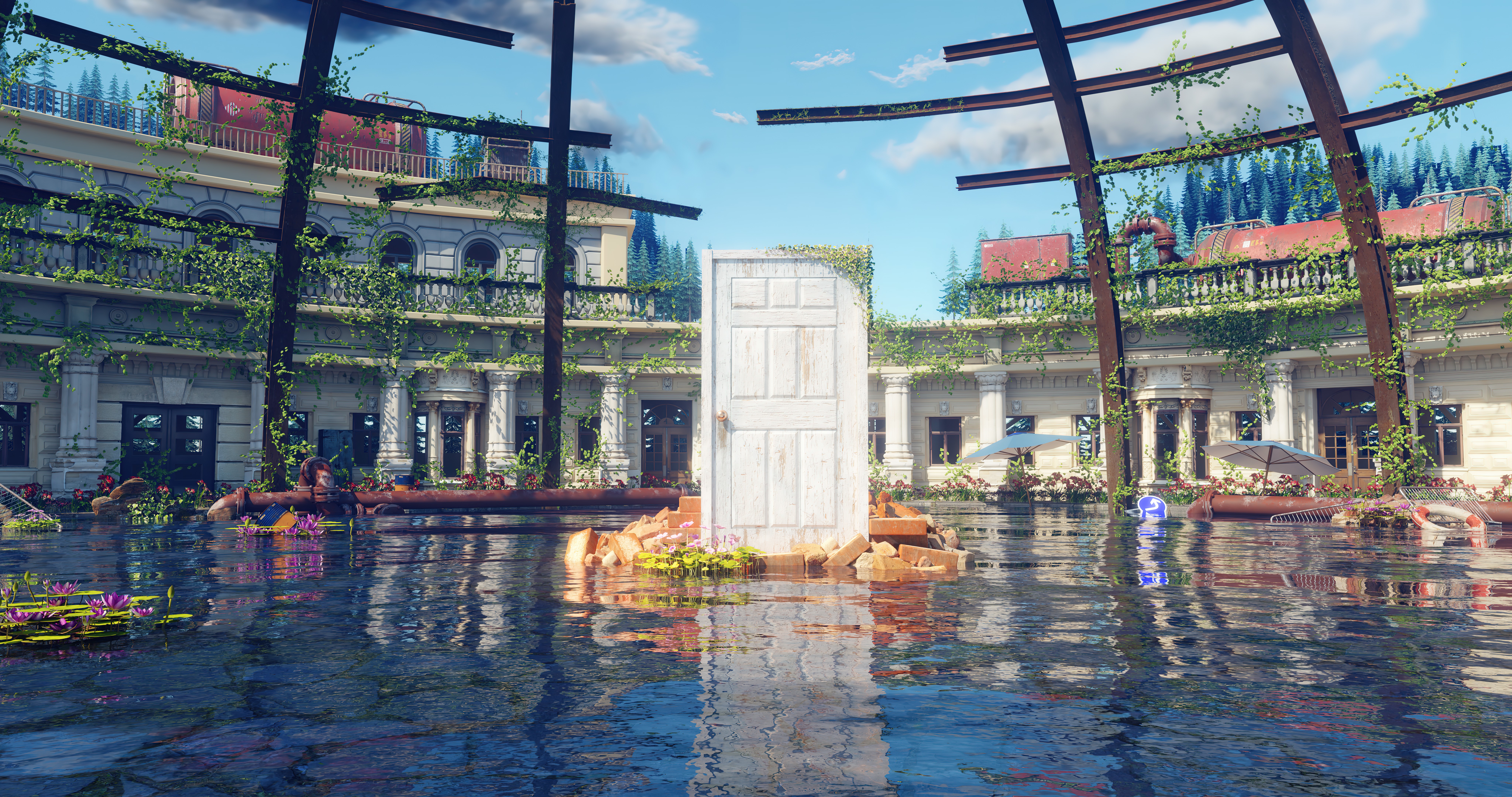 door standing at water lake inside an open building